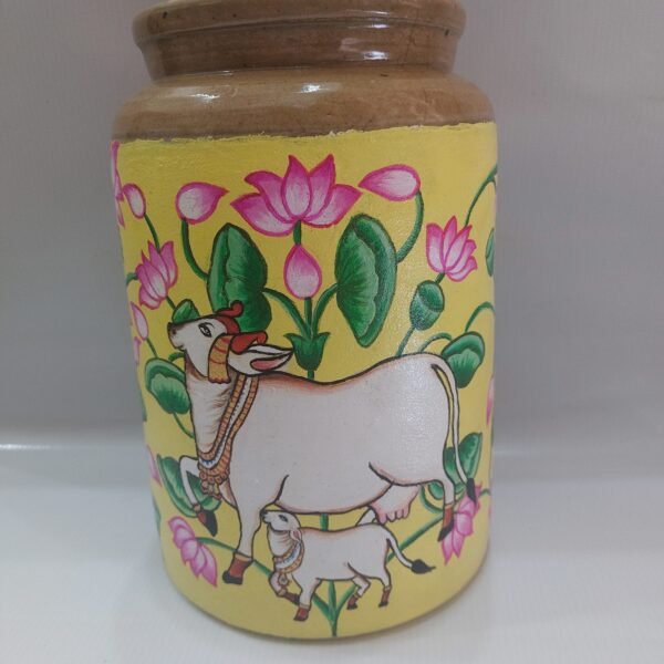 Lotus Cow Folk Art Jar